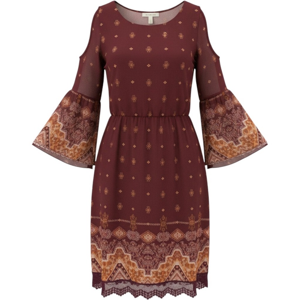 Rewind Burgundy Cold Shoulder Bell Sleeve Boho Shift Dress Large NKD28411FX